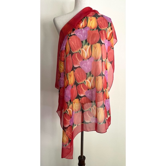 Vintage Kemtrade Holland Red Orange Tulip Flowers Silky Polyester Spring Scarf - Picture 1 of 6